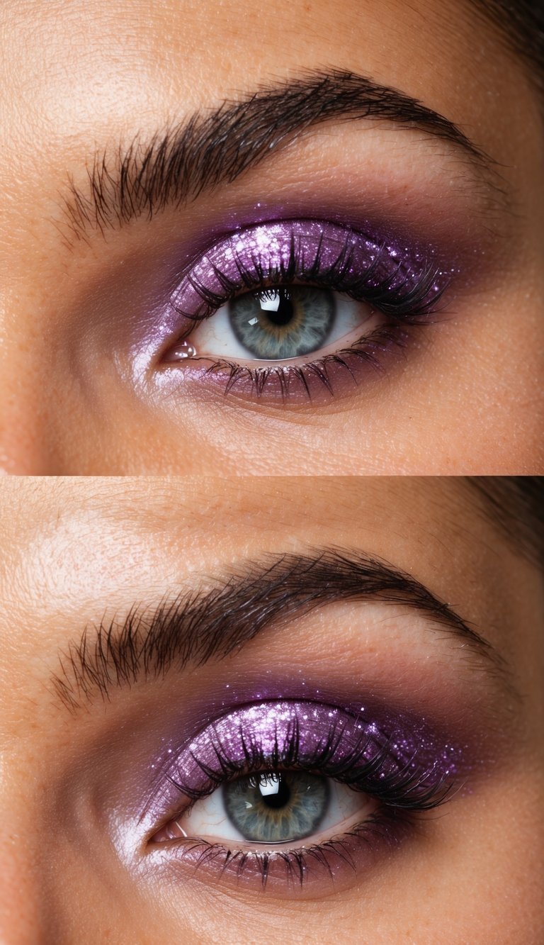 A close-up of a lavender glittery eye makeup look sparkling under bright light