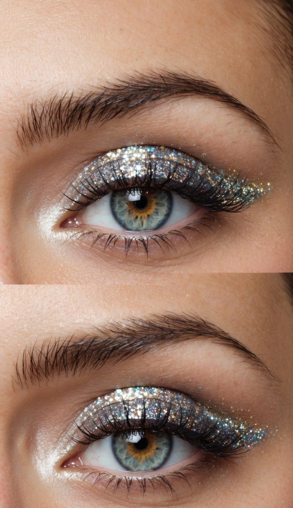 Close-up of a blue eye with glittery eyeshadow and defined lashes, showcasing a detailed makeup look.