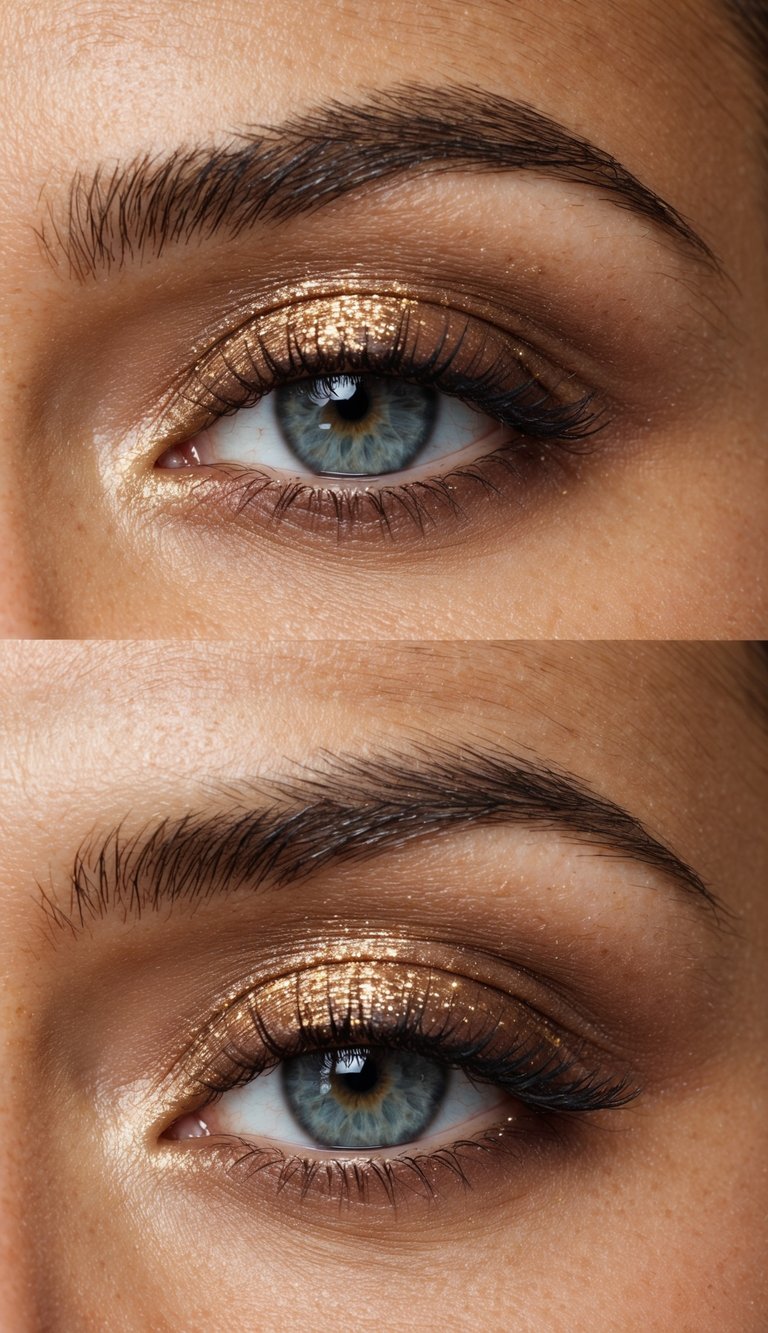 A close-up of a bronzed eyelid with matte shadow, glistening with fine glitter under bright light