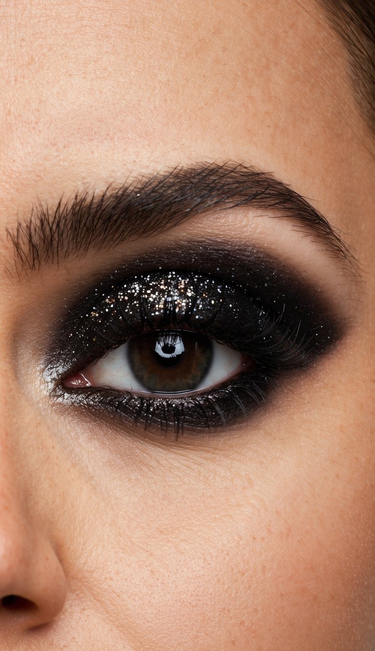 A close-up of a smoky black glittery eye makeup look sparkling under light