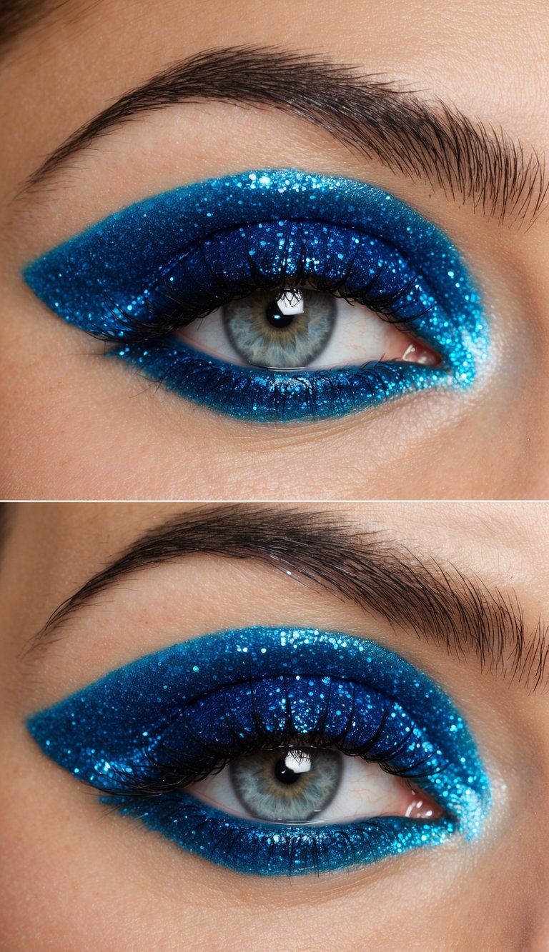 Electric blue glittery eye makeup glistening under bright lights