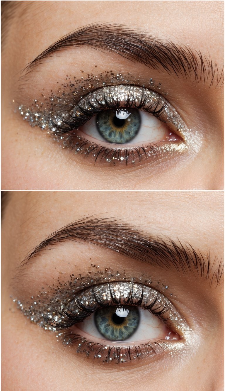 Fine glitter applied under the eyes, reflecting light, creating a sparkling effect