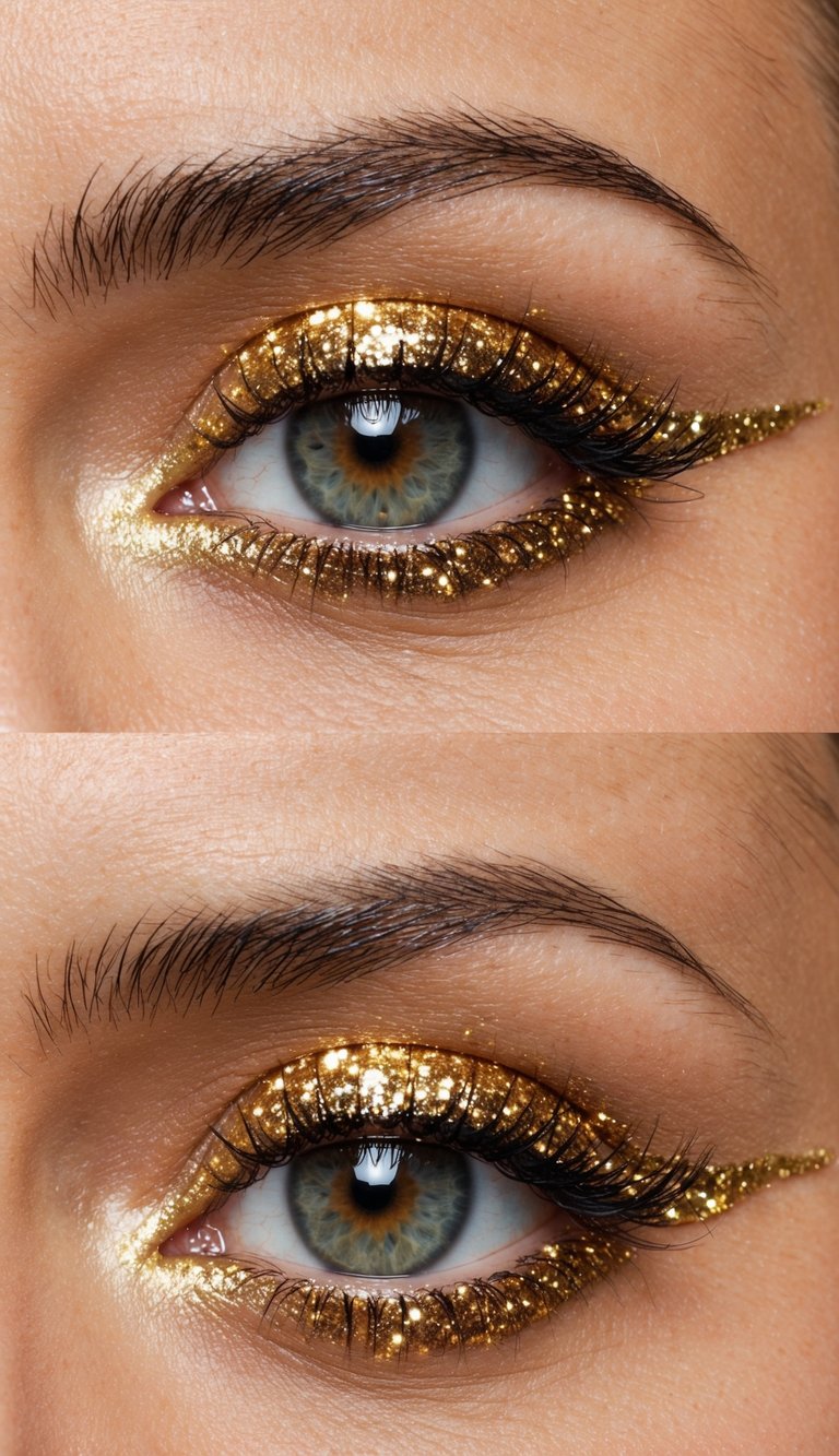 Golden glitter lines the lower lash line, catching the light with a sparkling, dazzling effect