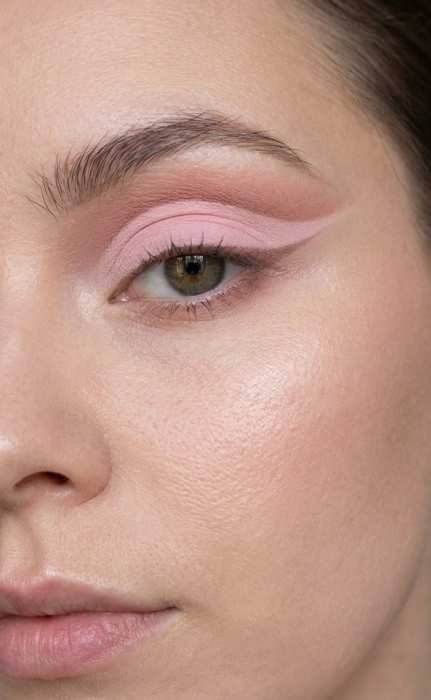 Soft pink full cut crease eye makeup idea with a defined edge and gentle blush gradient for a clean, sculpted look.