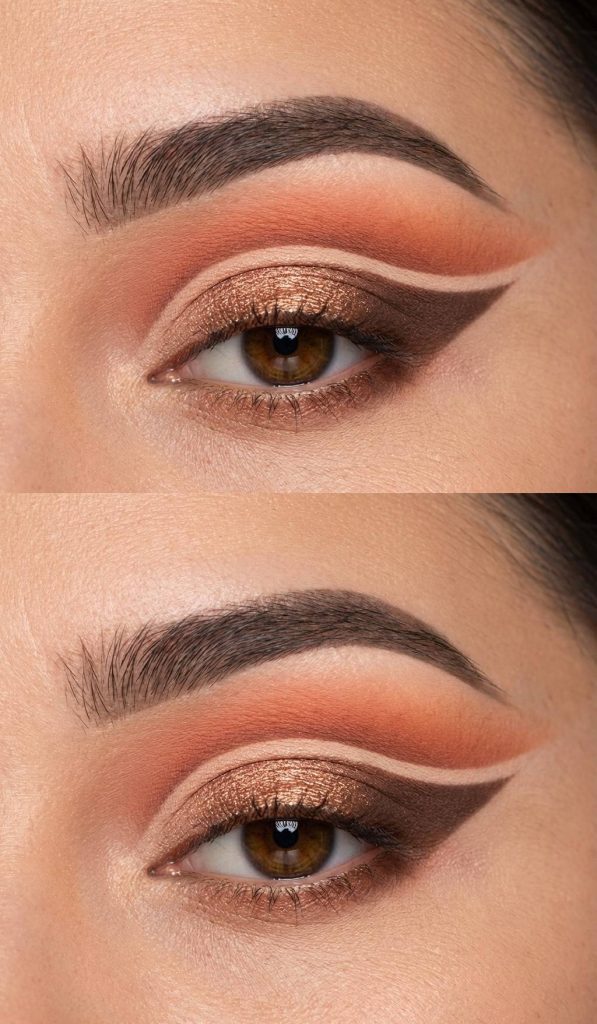 Metallic copper eyeshadow on the lid with sharp nude crease carving and burnt orange smoke create a bold full cut crease eye makeup idea.