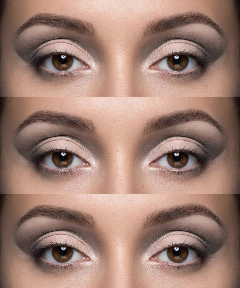 Full cut crease eye makeup idea with soft grey shadow diffused into a matte nude lid for a sheer, smoky veil effect.