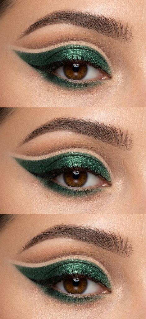 A full cut crease eye makeup idea using metallic green shadow with soft neutral blending and a clean nude cut for contrast and precision.