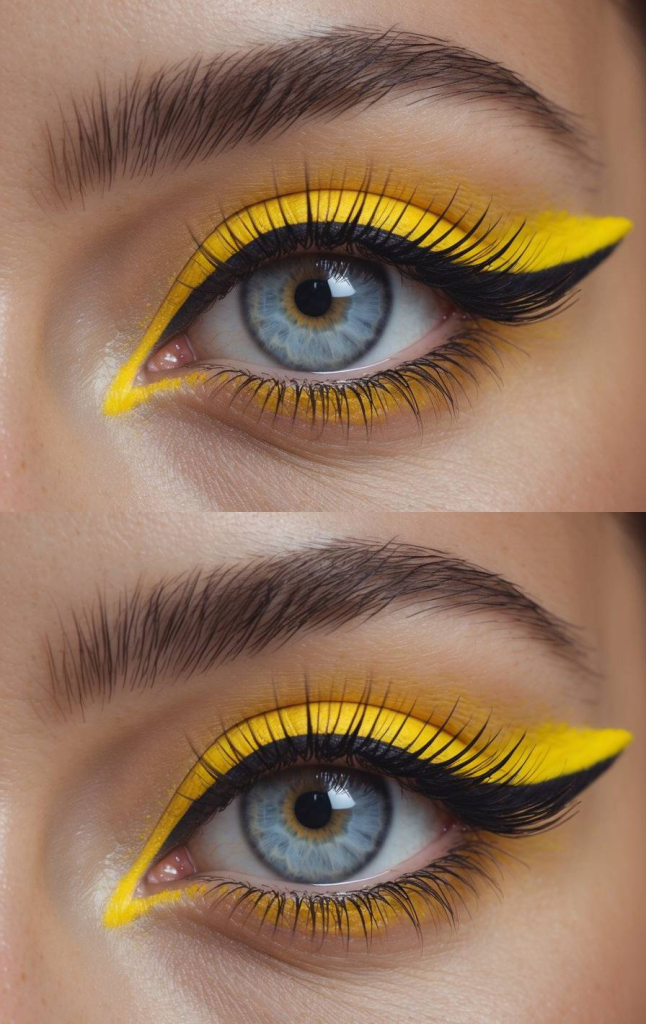 Close-up of a blue eye with bold yellow eyeshadow and black eyeliner, accented by long eyelashes.