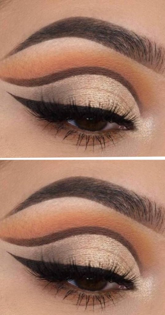 Full cut crease eye makeup idea with layered beige shimmer, chocolate crease carving, and clay-orange blending resembling desert rock striations.