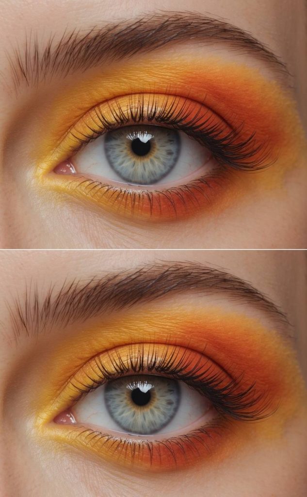 An eye surrounded by molten yellow melting into ember orange, presenting fiery gradient yellow eye makeup ideas with smooth, smoky diffusion.