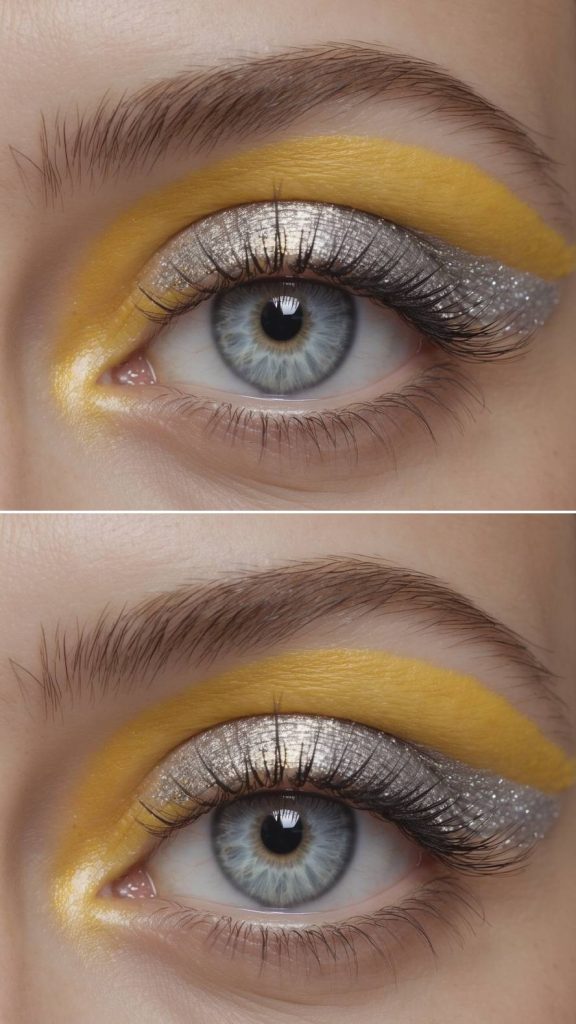 Reflective chrome eyeshadow surrounded by a warm yellow halo, presenting futuristic yellow eye makeup ideas with layered metallic and matte finishes.