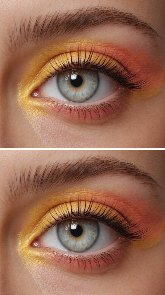 Citrus yellow on the inner lid drifting into coral shading along the outer eye, presenting airy yellow eye makeup ideas with sunlit warmth.