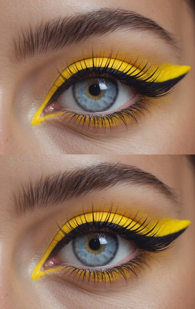 Blade-shaped yellow liner contouring the inner and outer eye, showcasing high-impact yellow eye makeup ideas filled with angular movement and vivid color.
