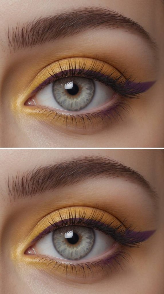 Warm yellow wash paired with a crisp amethyst wing, showcasing polished yellow eye makeup ideas that balance bright pigment with cool-toned precision.