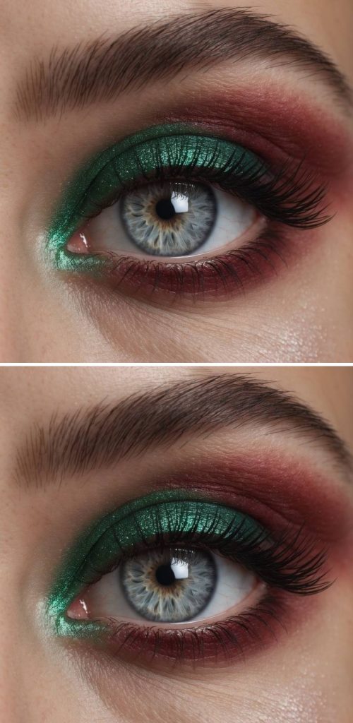 Close-up of an eye showing a red and green eye makeup idea with green shimmer across the lid, softly diffused red eyeshadow around the crease, and natural lash definition.