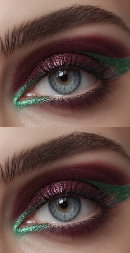 Eye detail presenting a red and green eye makeup idea with rich red eyeshadow, precise green shimmer liner, smooth transitions, and a polished festive finish.