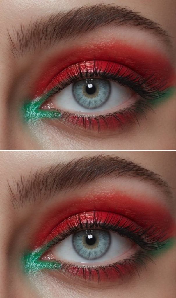 Single eye close-up displaying a red and green eye makeup idea with diffused red eyeshadow, subtle green inner-corner accent, even blending, and a soft finish.