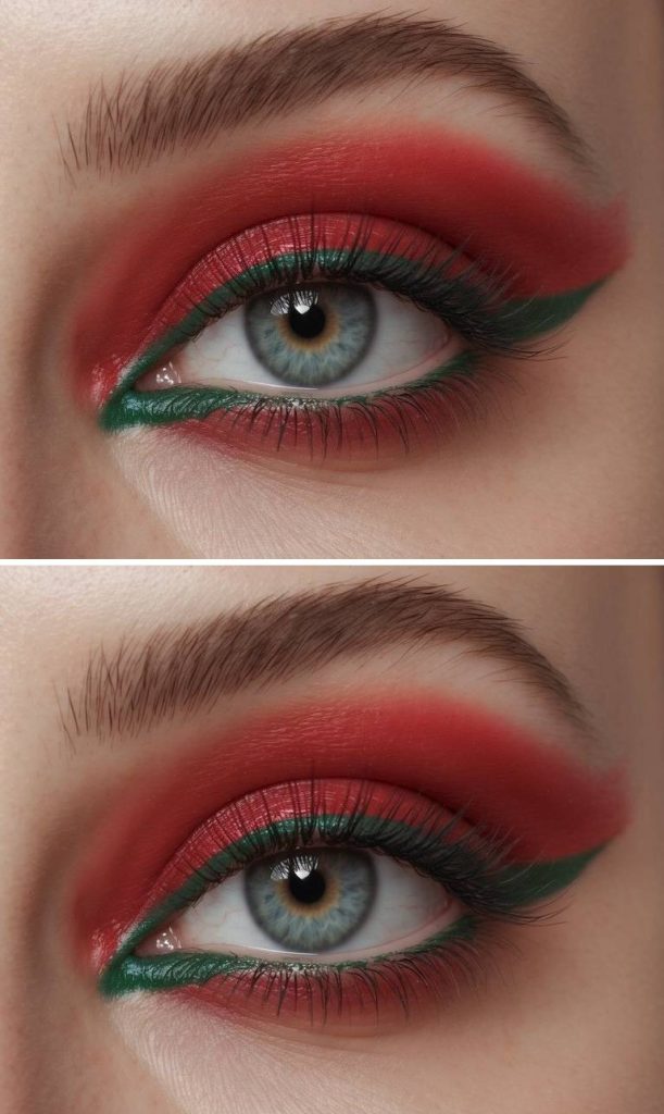 Single eye close-up displaying a red and green eye makeup idea with diffused red eyeshadow, slim green liner, smooth transitions, and balanced color placement.