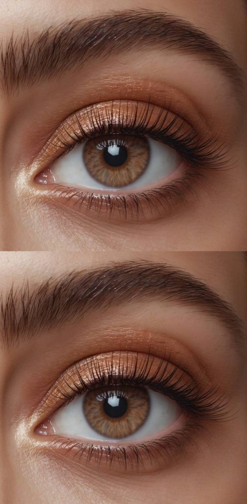 Peach shimmer and champagne gold eyeshadow creating a soft, radiant eye makeup idea for brown eyes.