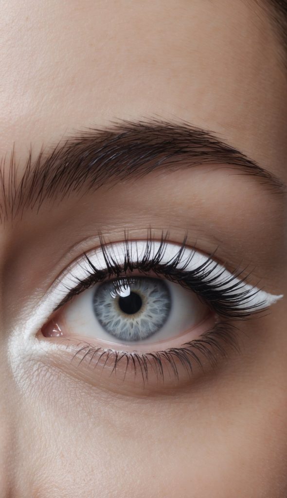 White eye makeup idea featuring sleek matte liner from inner corner to wing for a bold monochrome look