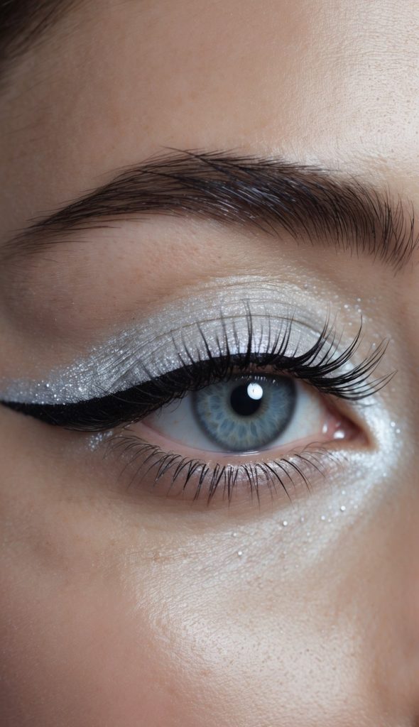 Shimmering silver-white eye makeup idea with dramatic winged eyeliner on blue eyes