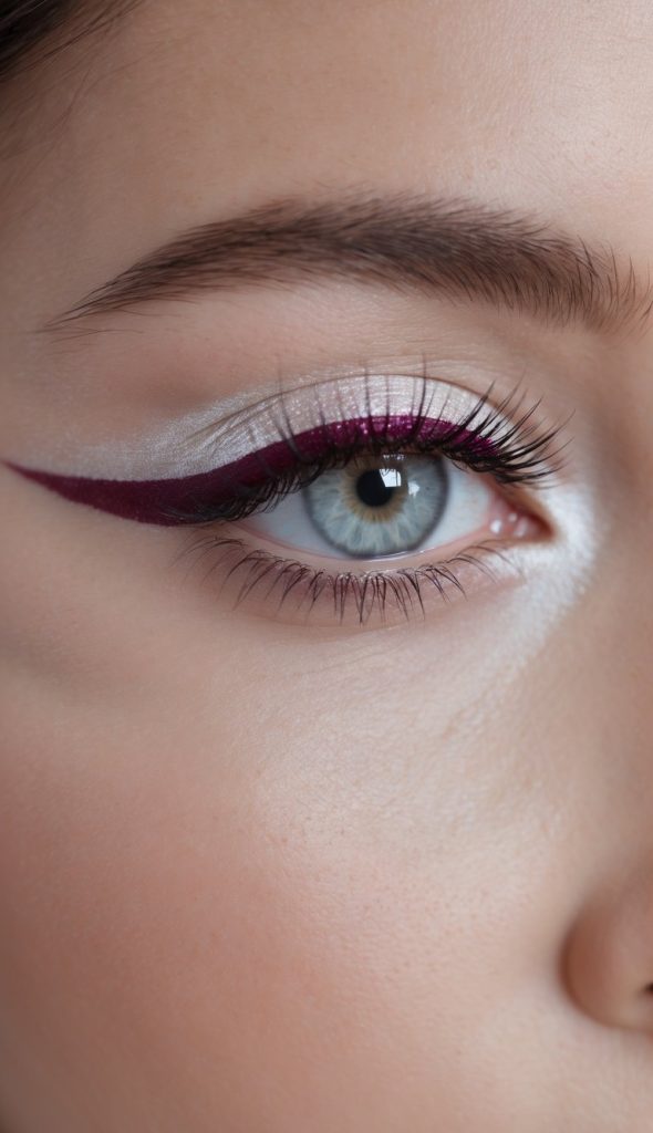 White eye makeup idea featuring glistening white eyeshadow and curved deep plum eyeliner