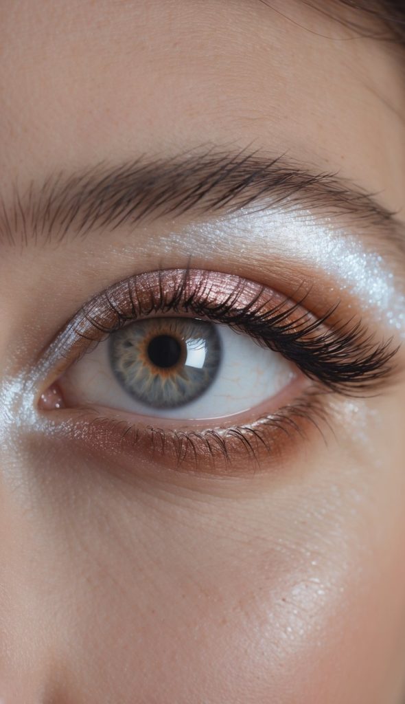 White eye makeup idea with glossy rose gold eyeshadow and bold icy white shimmer around the eye