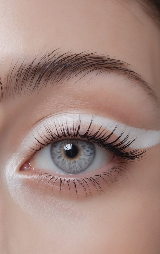 White eye makeup idea featuring bold matte crease wing and illuminated inner corner detail