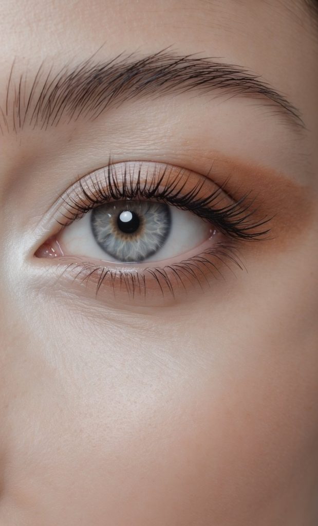 White eye makeup idea with diffused terracotta shadow and radiant white shimmer at the inner eye