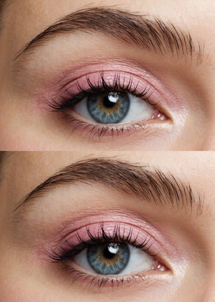 Close-up of a soft pink shimmer eyeshadow look with subtle lashes, perfect for basic eye makeup ideas with a fresh and clean finish.