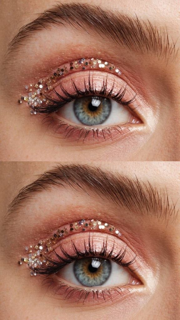 Close-up of a soft blush-pink shimmer eyeshadow look with gold and silver glitter pieces—an elegant and light birthday party eye makeup idea.
