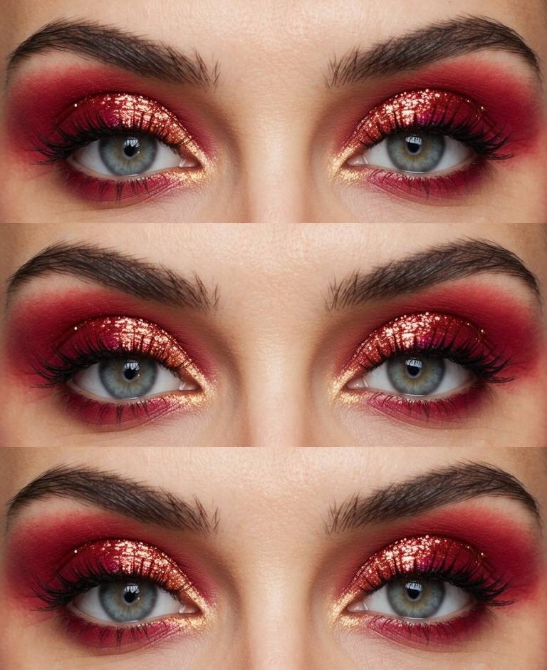 Vibrant red and gold glitter eyeshadow close-up with dramatic blending, perfect for a glowing birthday party eye makeup idea.