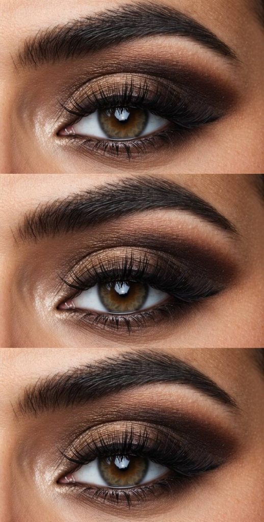 Close-up of brown smokey eye makeup idea with silky shimmer on the center lid and deep chocolate tones blended through the outer edges and crease