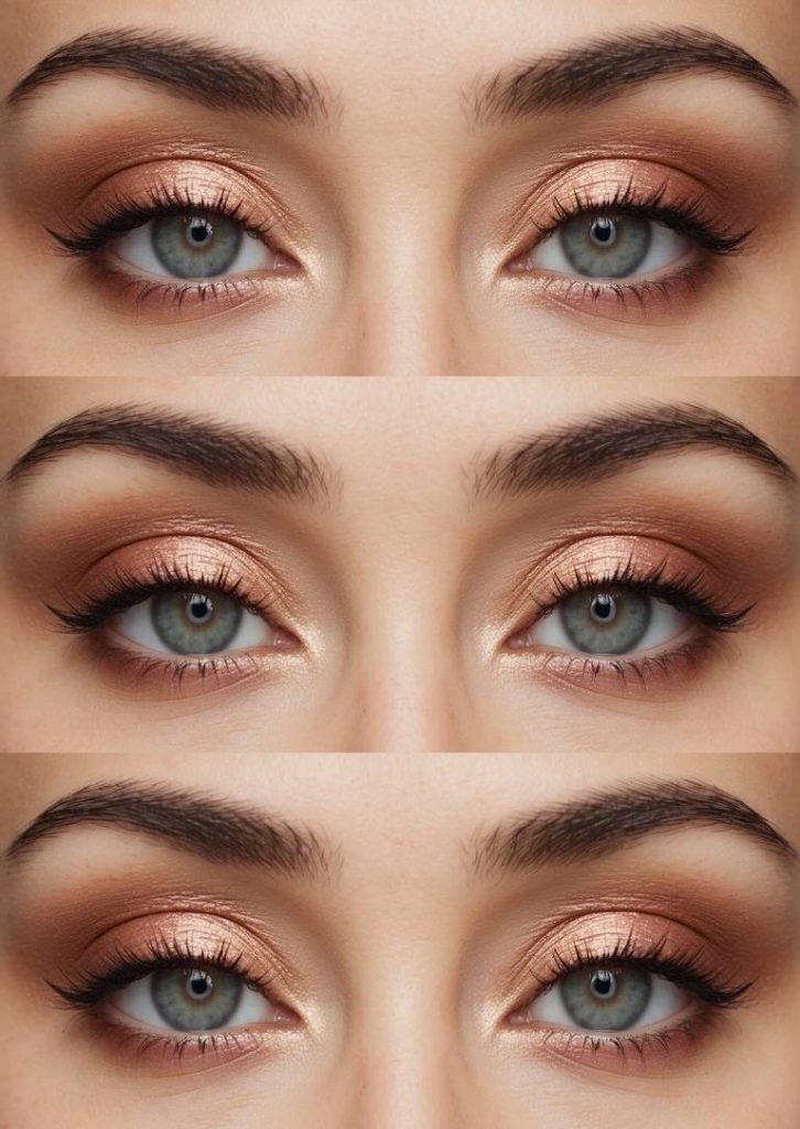 Soft rose gold shimmer eyeshadow paired with a mocha brown crease—an elegant and playful basic eye makeup idea.
