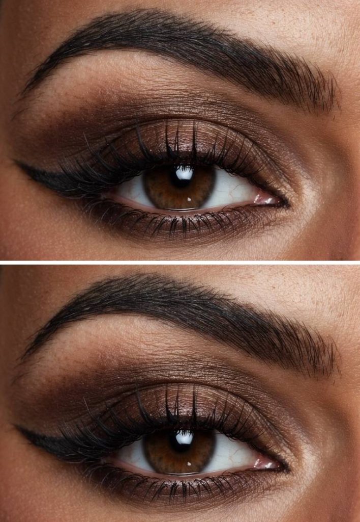 Detailed shot of brown smokey eye makeup idea featuring burnt cocoa and taupe shadows blending seamlessly on the lid for a glowing, dimensional effect on brown eyes