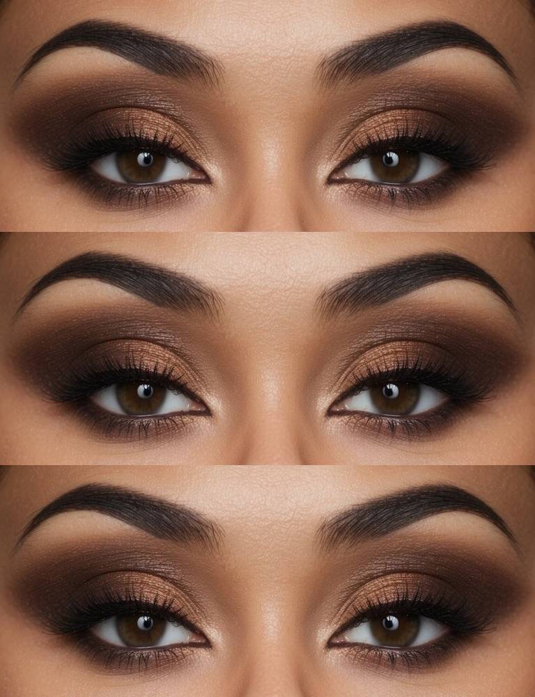 Close-up of brown smokey eye makeup idea with toffee and bronze shimmer blending into a soft gradient, enhancing brown eyes with a warm and sultry glow