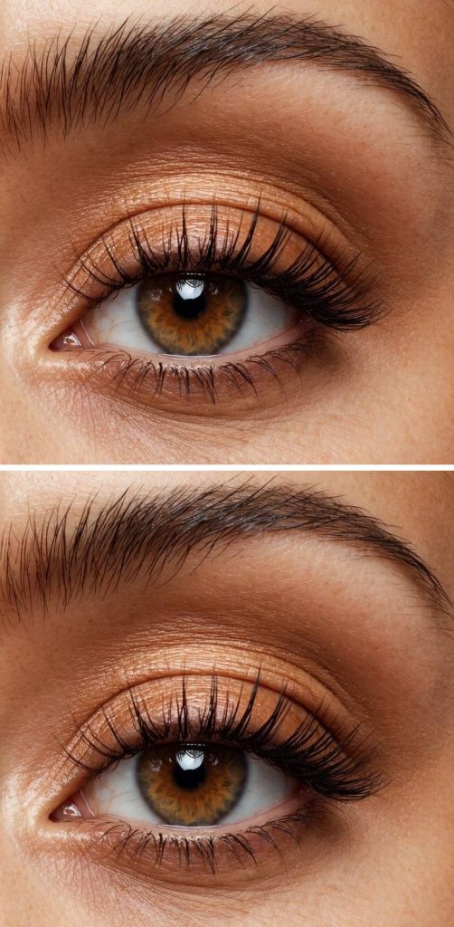 Eye with peach-toned eyeshadow and satin shimmer finish, showing a warm and glowy basic eye makeup idea perfect for everyday wear.