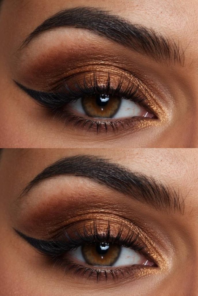 Close-up of brown smokey eye makeup idea with gleaming copper shimmer on the lid and soft chocolate tones smoked out on the edges for a balanced glam look
