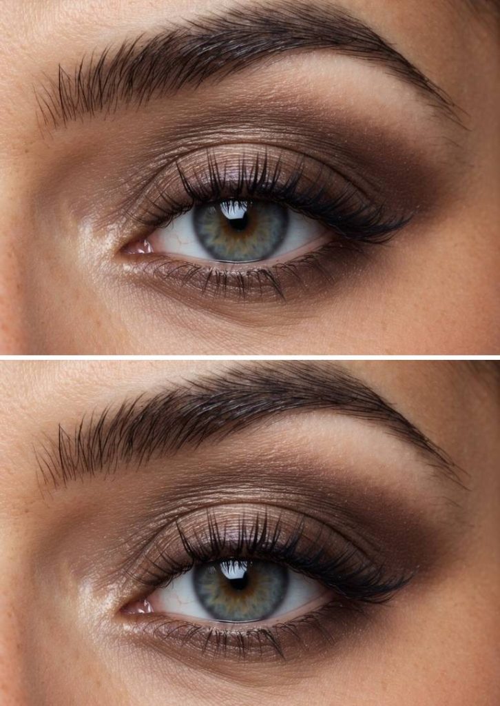Close-up of brown smokey eye makeup idea using muted shimmer and soft cashmere-brown tones, diffused seamlessly for a smooth, airy effect