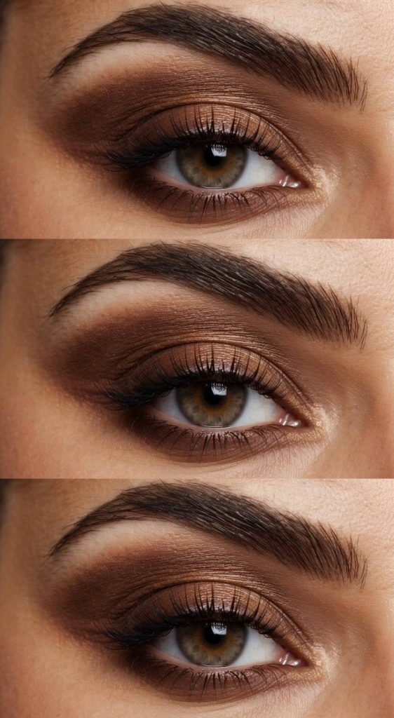 Close-up of brown smokey eye makeup idea with bronzed clay shimmer on the lid, softly blended into espresso-brown edges for a sculptural, sunlit finish
