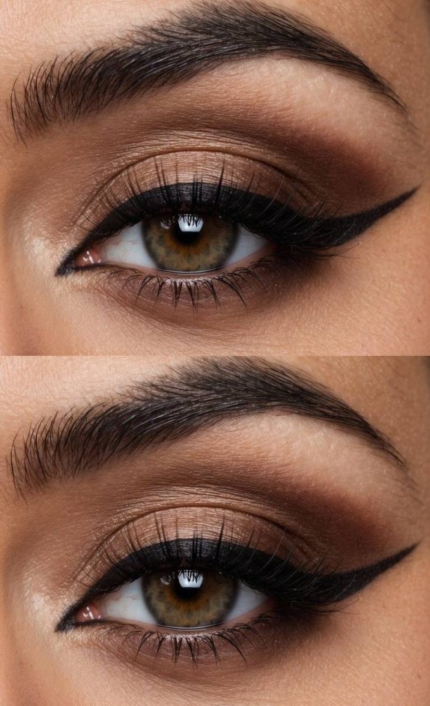 Close-up of brown smokey eye makeup idea using matte walnut shades and a defined winged liner for a clean, sculpted, and elevated finish