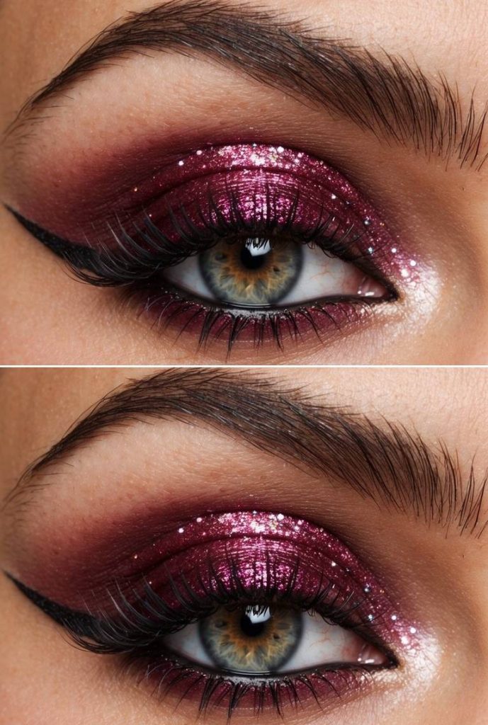 Eye makeup featuring crimson glitter shimmer with a diffused smokey edge and tiny sparkles—ideal for a moody birthday party eye makeup idea.
