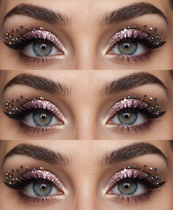 Pink glitter eyeshadow with multi-colored rhinestones arranged above and around the outer eye—ideal for a festive birthday party eye makeup idea.
