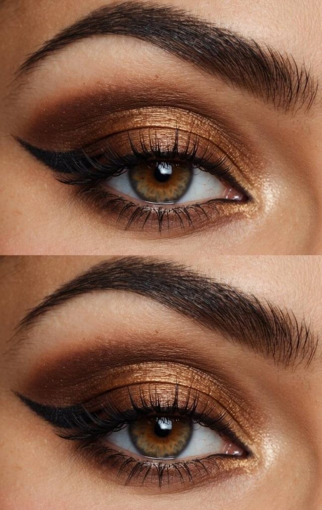 Close-up of brown smokey eye makeup idea with burnt penny copper shimmer and softly diffused brown edges, finished with a crisp cat-eye wing