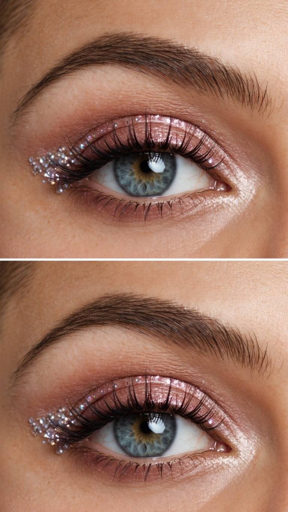A subtle blush-pink shimmer eye look with fine glitter at the outer corners, perfect for a minimalist birthday party eye makeup idea.