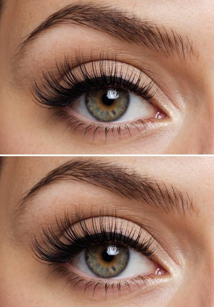 Natural beige eyeshadow paired with long black lashes for a fresh and easy basic eye makeup idea.