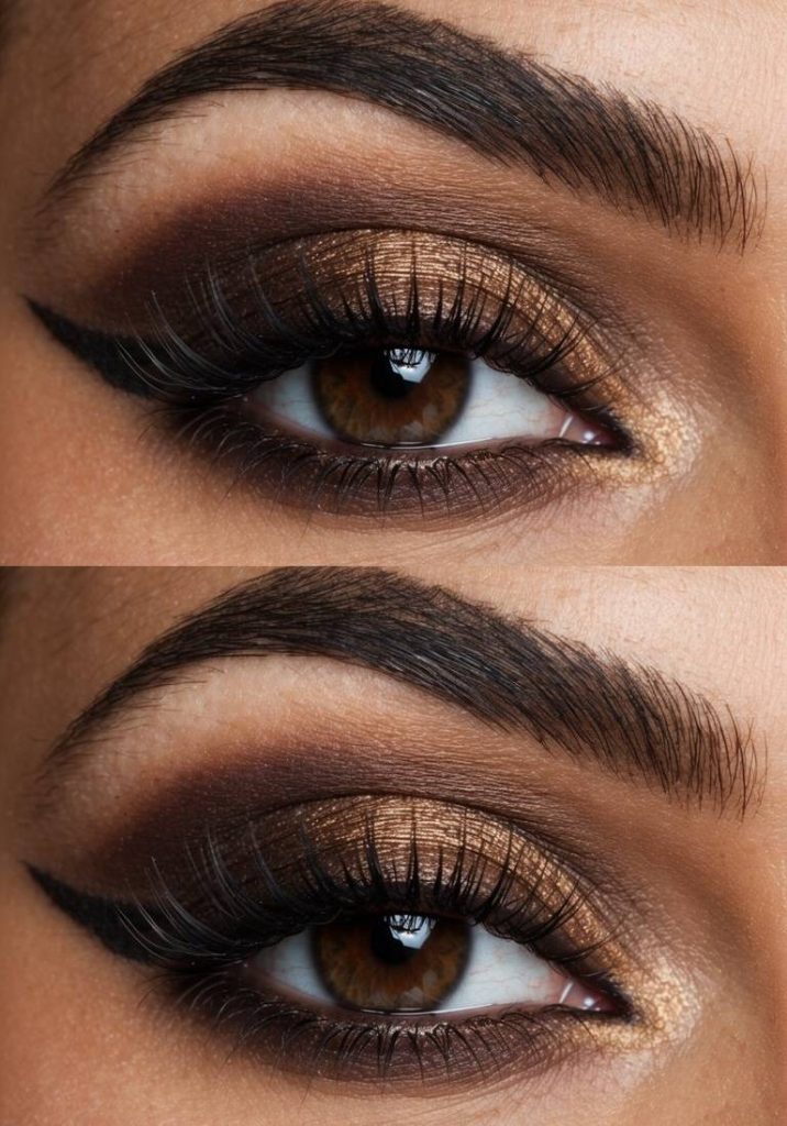 Close-up of brown smokey eye makeup idea with antique gold shimmer on the lids, dark brown smoked edges, and a light-reflective golden inner corner