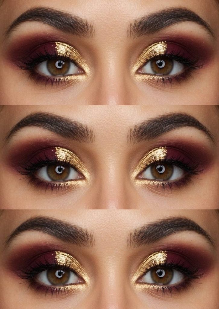 Eye close-up showing berry-toned blending and a bold streak of gold foil—an elegant and festive birthday party eye makeup idea.