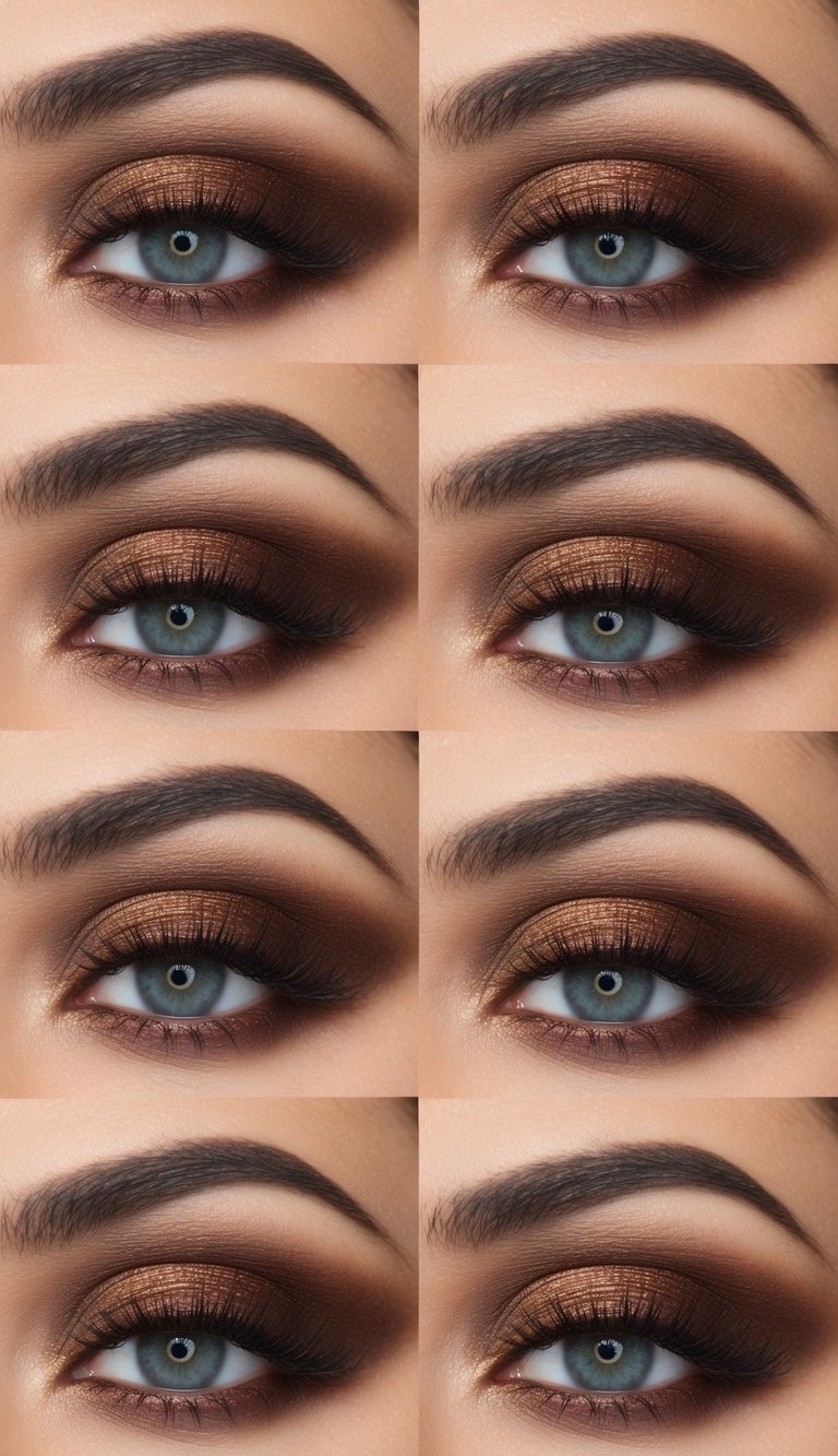 A close-up view of a brown smokey eye makeup look, with shades of hazel and midnight creating a classic and sultry appearance