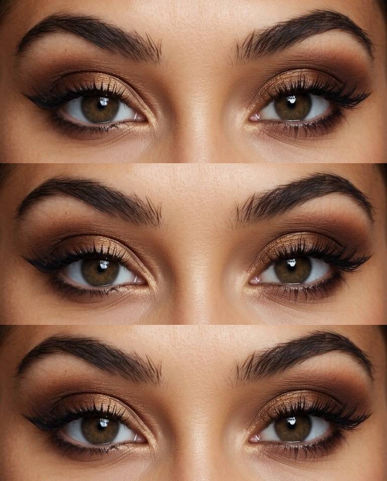 Close-up of brown smokey eye makeup idea with solar gold shimmer on the lids and bronze-brown shadow softly layered through the crease, mimicking a golden hour glow